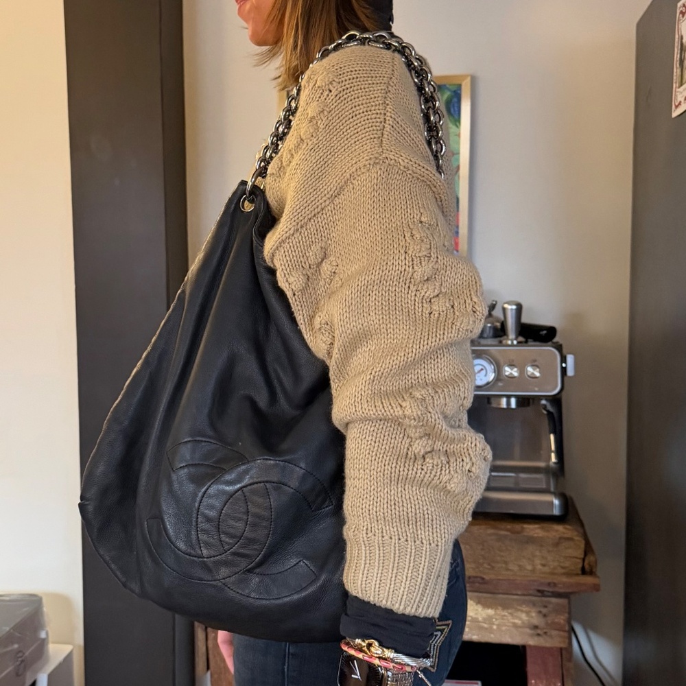 Rare Vintage Chanel Black Lambskin Leather Chunky Large Hobo Tote Shoulder Bag - Picture 10 of 10